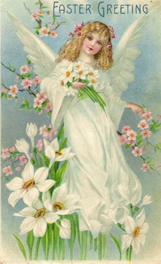 Anjos de Páscoa do sexo feminino são um tema comum em cartões vintage. Esta poderia ser uma memória da nossa perdida deusa da Páscoa?